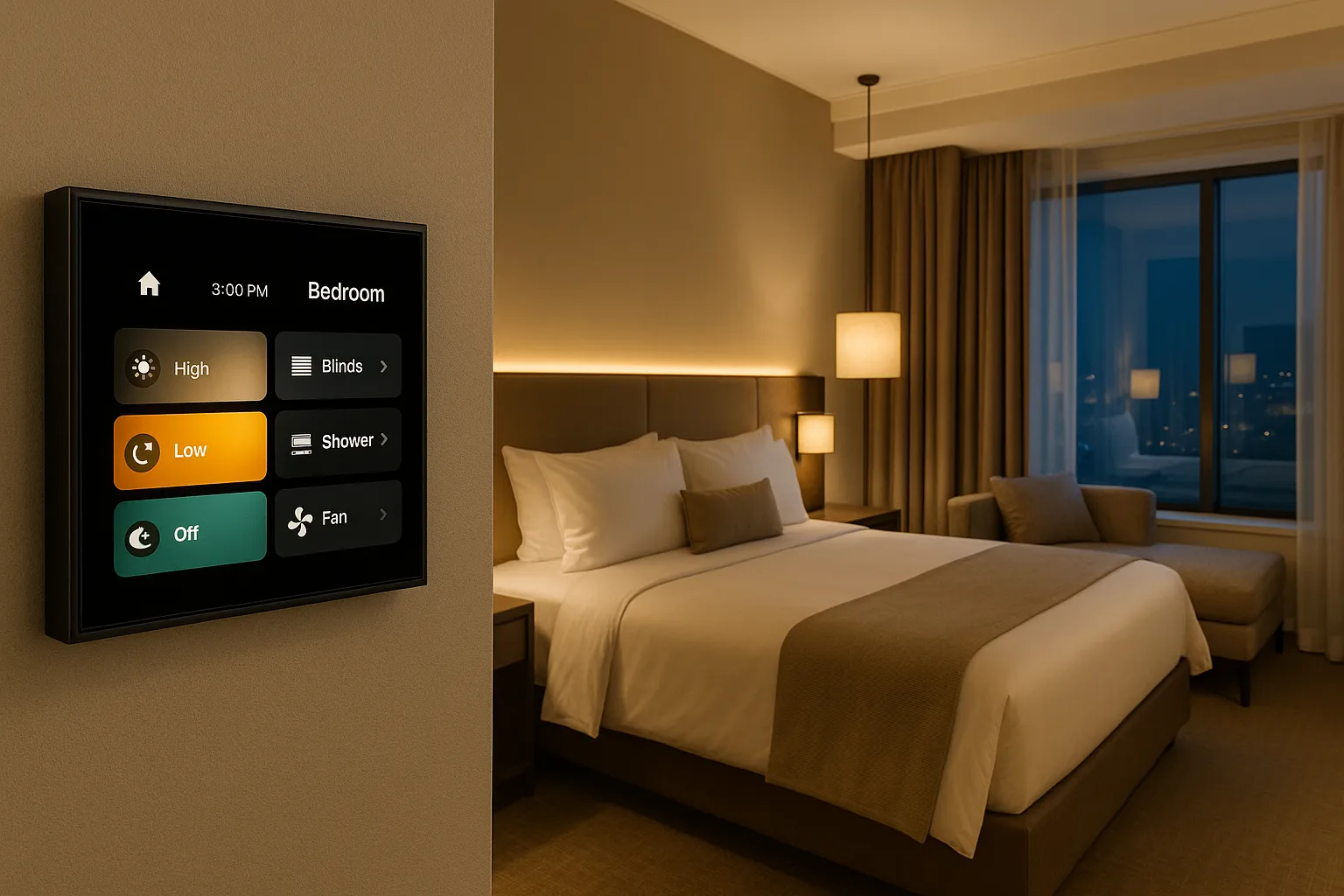 luxury guest room with Philips Dynalite touch button installed on wall