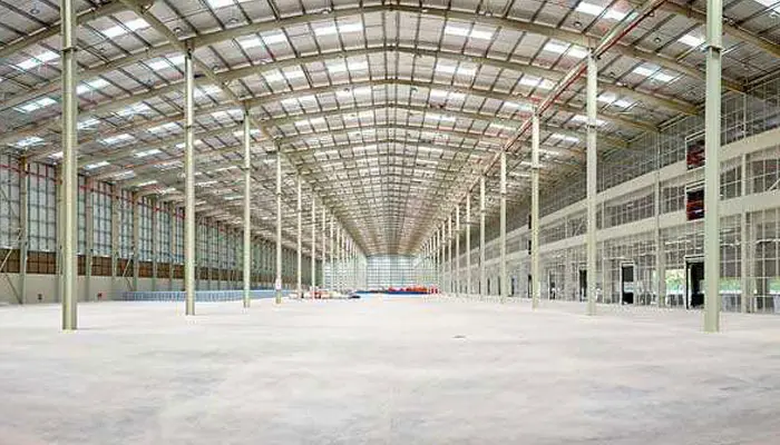 Bright LED lights illuminating a modern factory interior