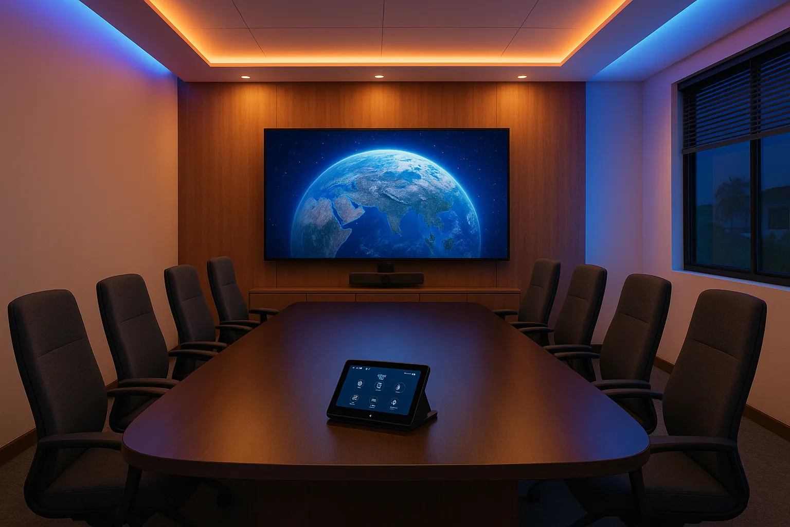 Modern office space with well-lit workstations and ambient lighting