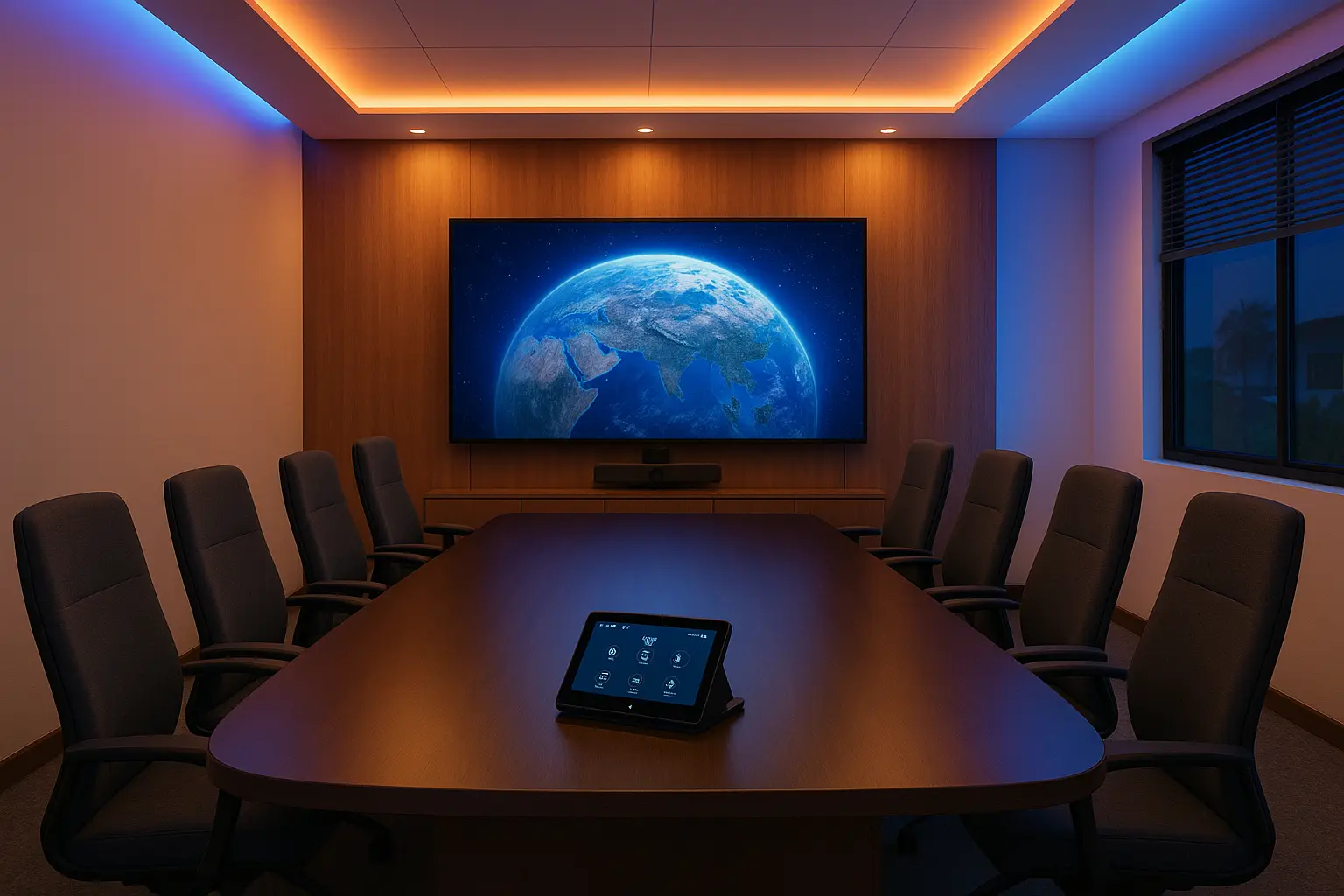 Modern office space with well-lit workstations and ambient lighting